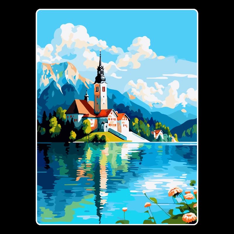 Lac de Bled, Slovénie, Affiche de voyage vintage, Souvenir