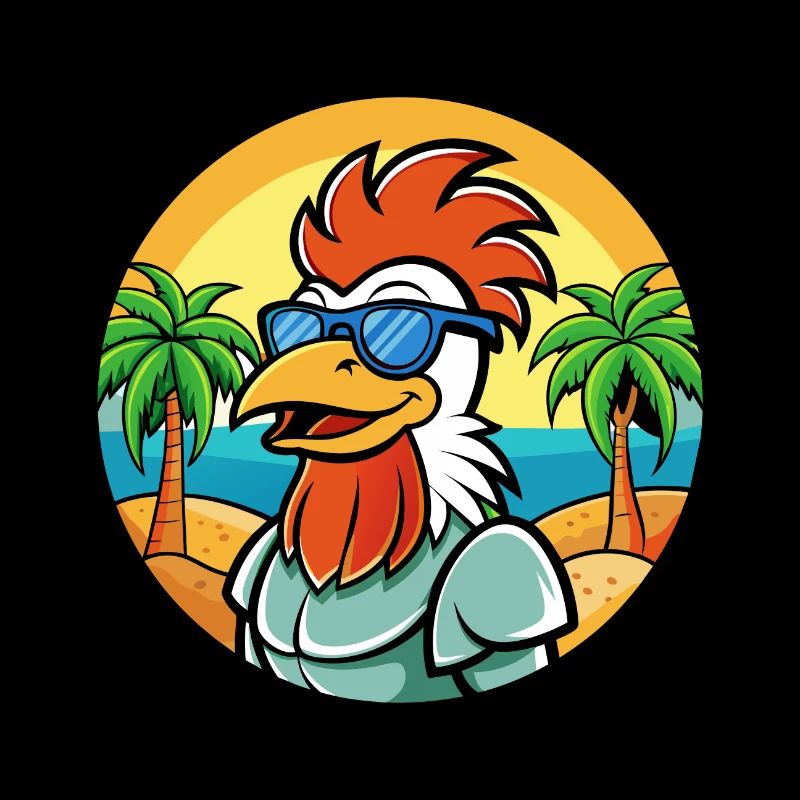 Coq Drôle Dessin Animé Plage D’été Lunettes De Soleil Cool