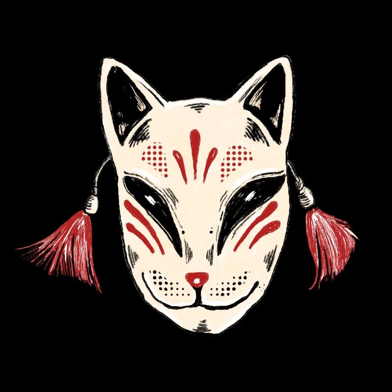 Masque de kitsune avec des pompons rouges