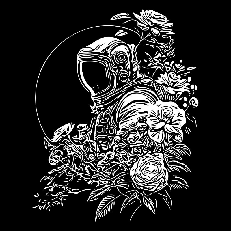 Astronaute dans le jardin fleuri au clair de lune