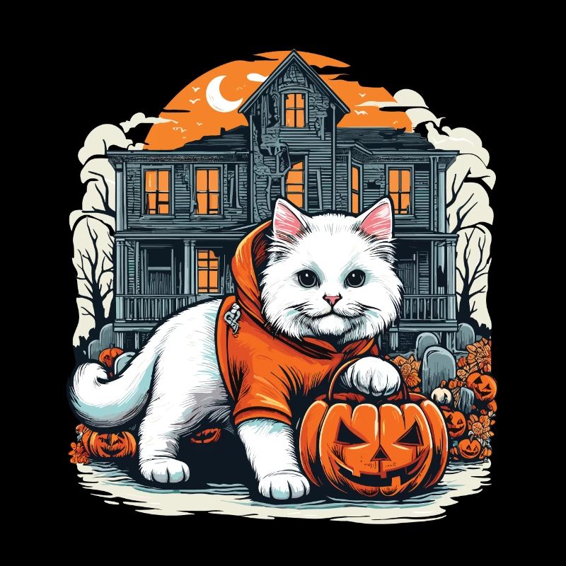 Chat blanc d’Halloween en sweat à capuche avec maison hantée