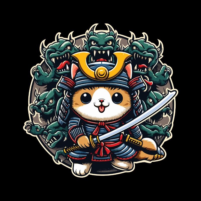 Samurai-Ninja-Katze und Monster dahinter