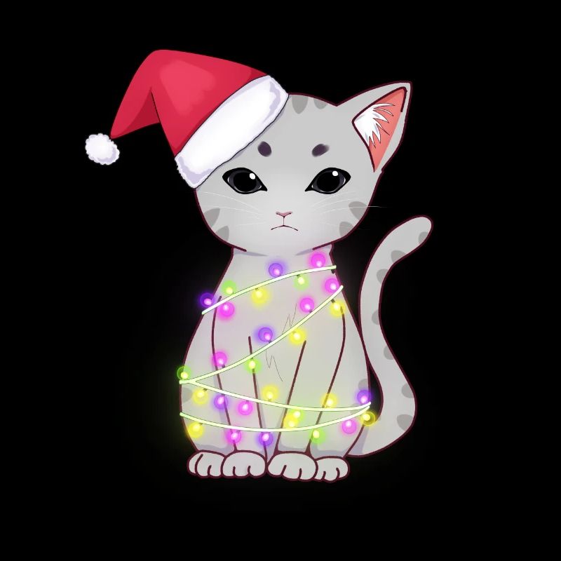 Niedliche graue Katze mit Weihnachtslichtern, Weihnachtsmütze