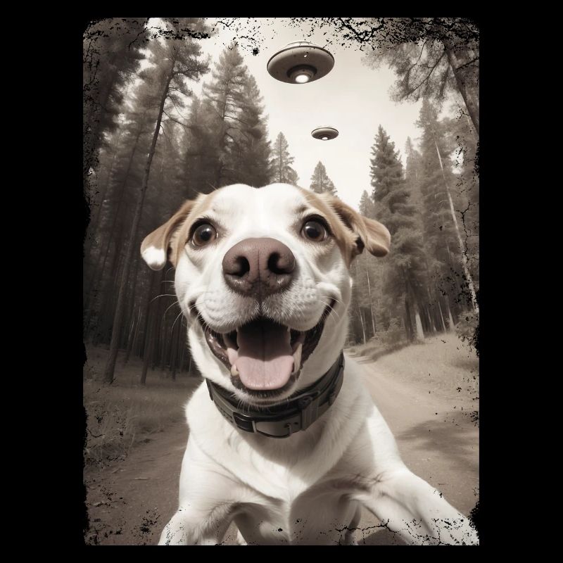 Selfie de chiens avec un vaisseau spatial extraterrestre