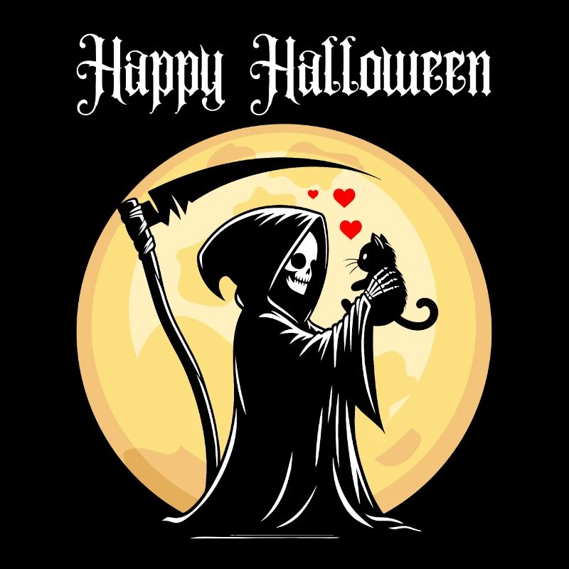 Joyeux Halloween Grim Reaper Chat Mignon Pleine Lune