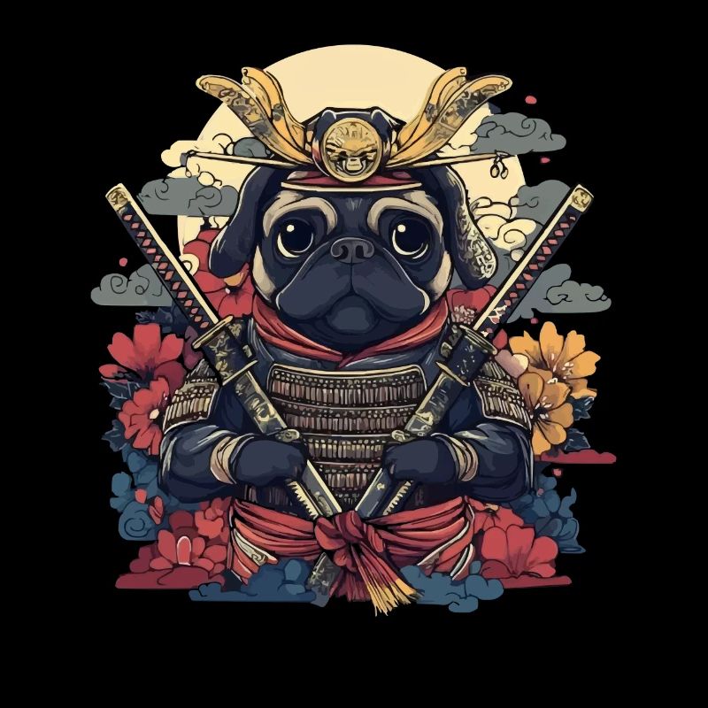 Samurai Pug Warrior with Swords and Flowers
