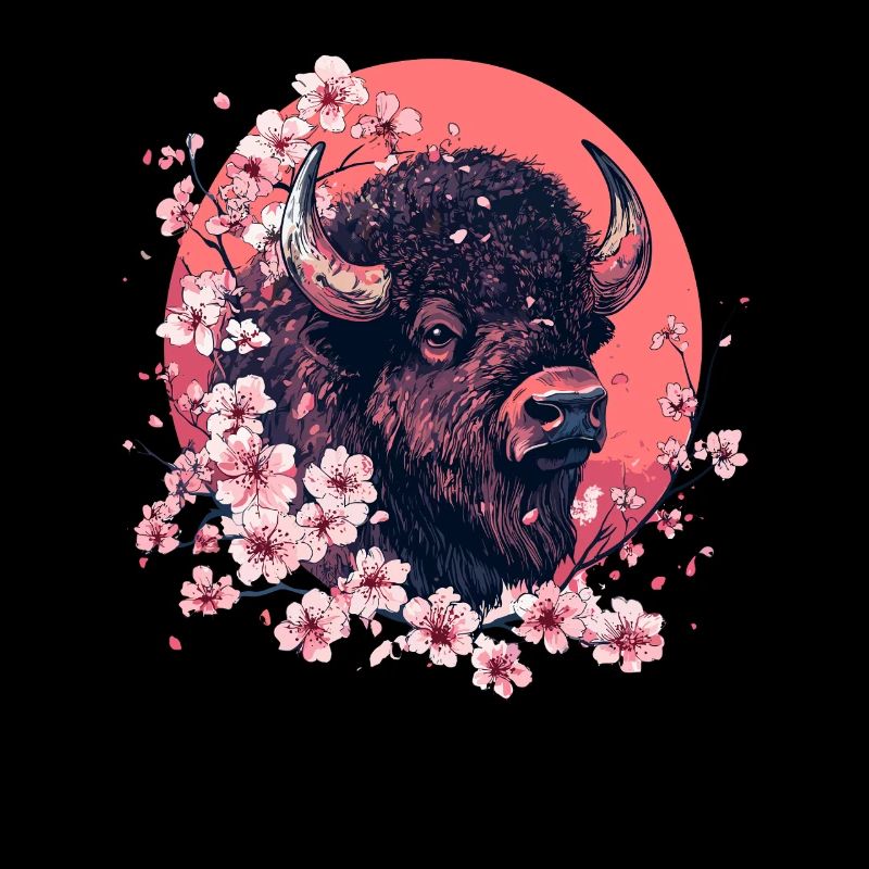 Bison mit Kirschblüten