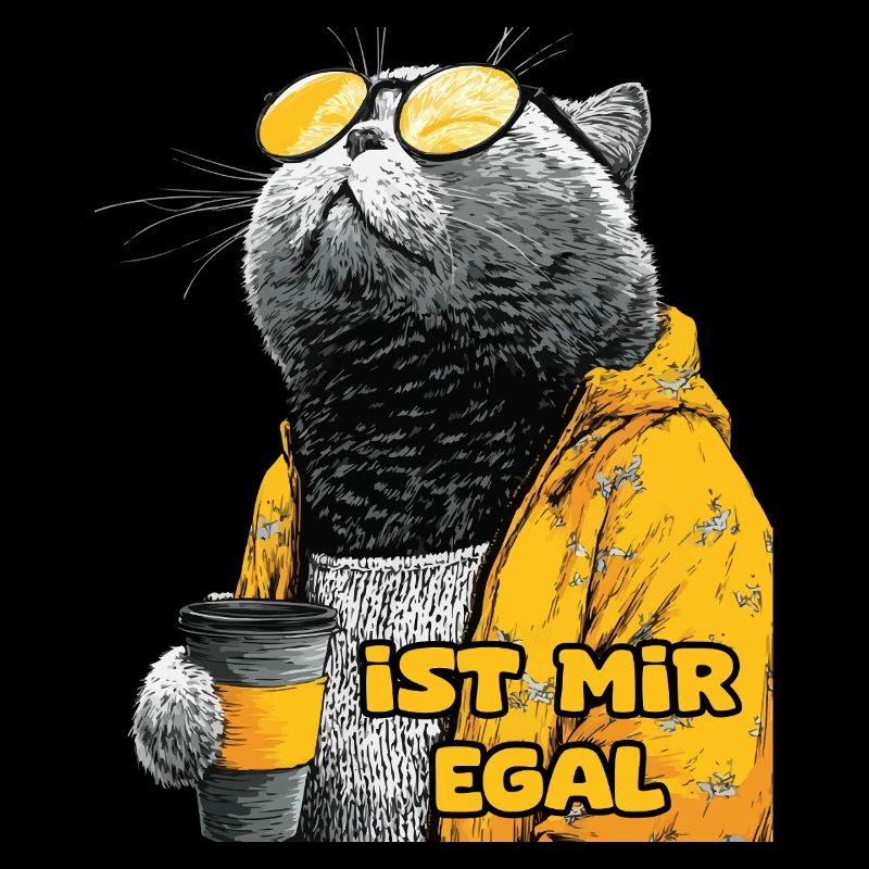 Mürrische Katze mit Kaffee und dem Spruch