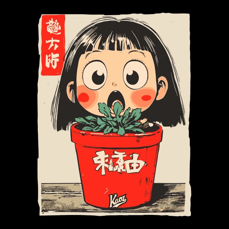 fille de dessin animé derrière un pot de fleurs