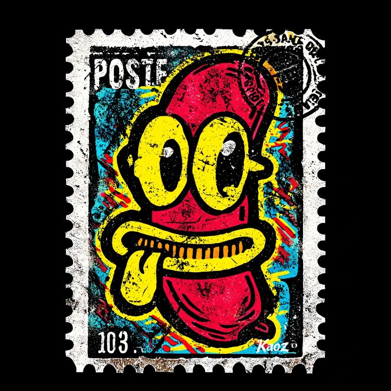 Freche Comic-Wurst mit Zunge auf Briefmarke