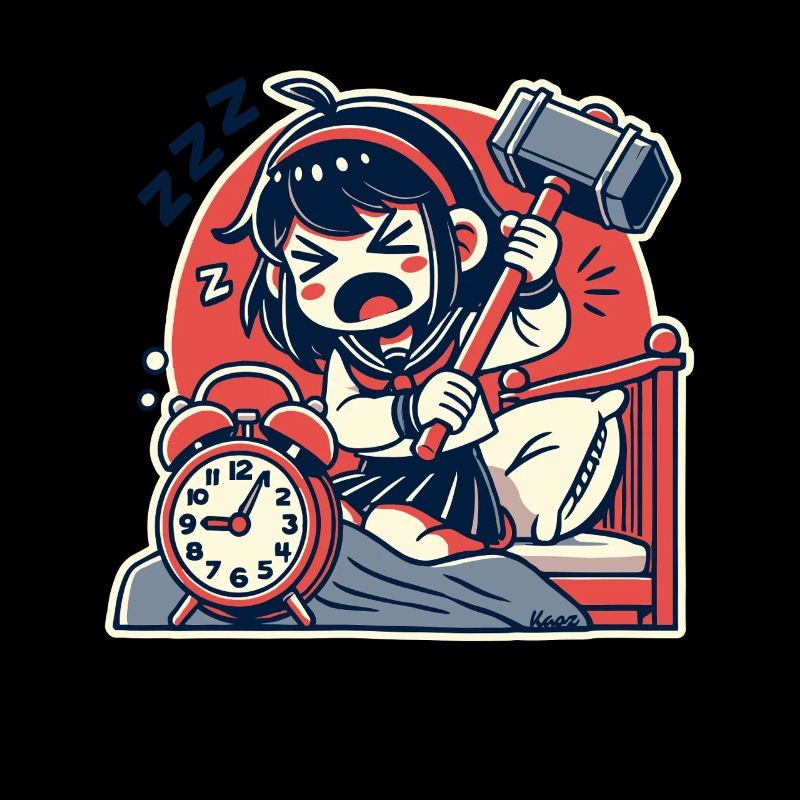 Müdes Mädchen mit Hammer und ein Wecker