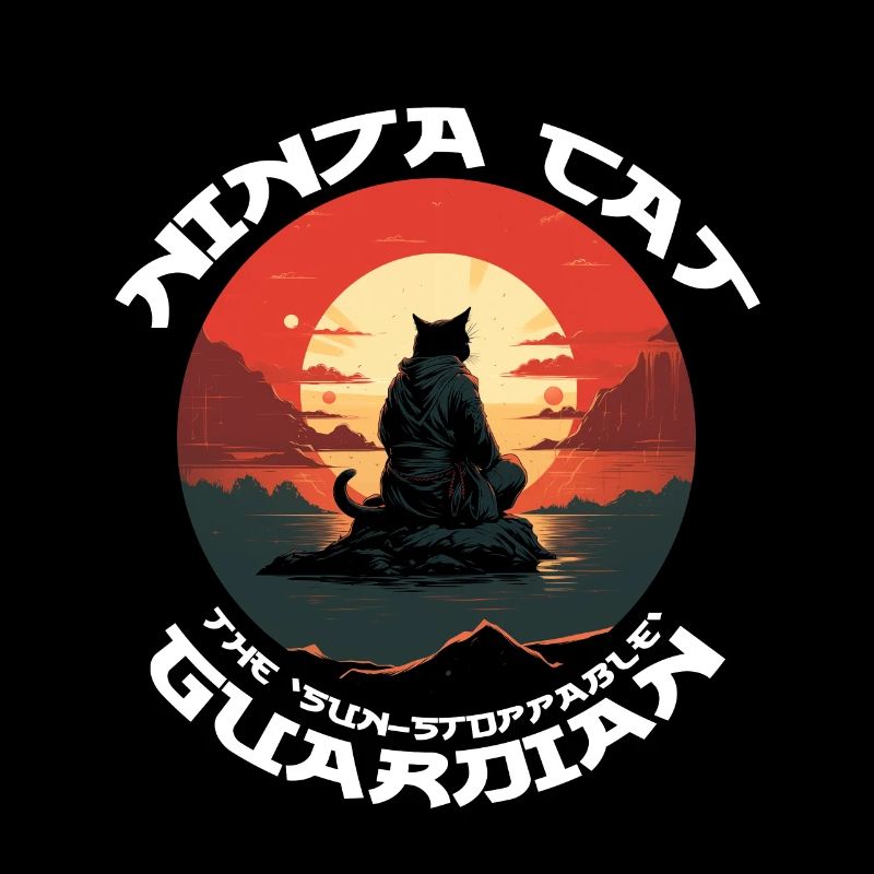Chat noir ninja devant le soleil rouge