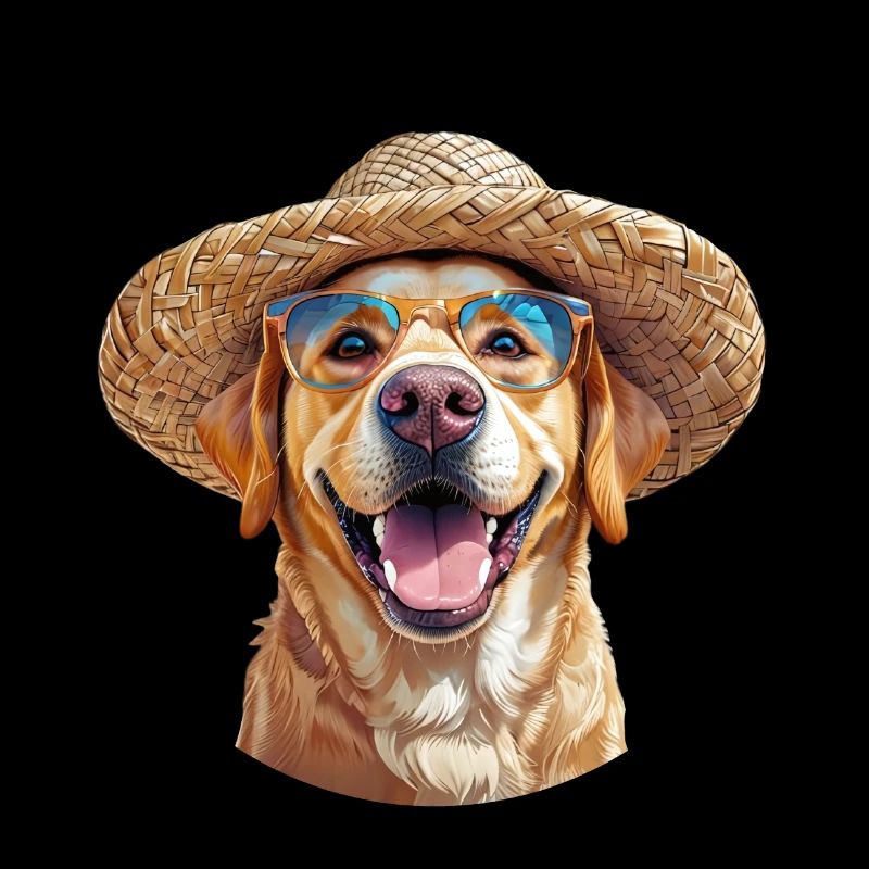 Labrador with straw hat and sunglasses