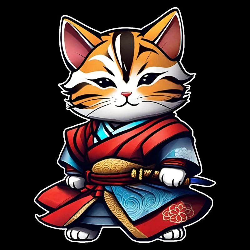 Niedliche getigerte Samurai Katze mit Dolch