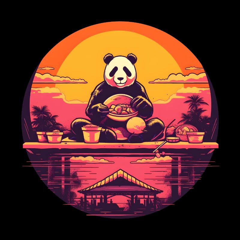 Synthwave mangeant Panda Japon Coucher de soleil