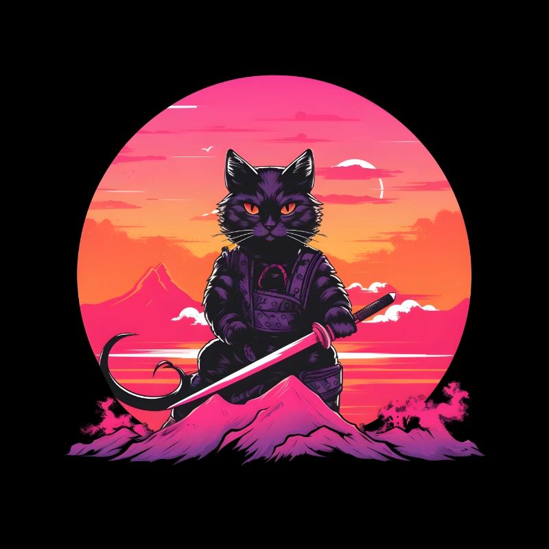 Synthwave samurai Cat with katana