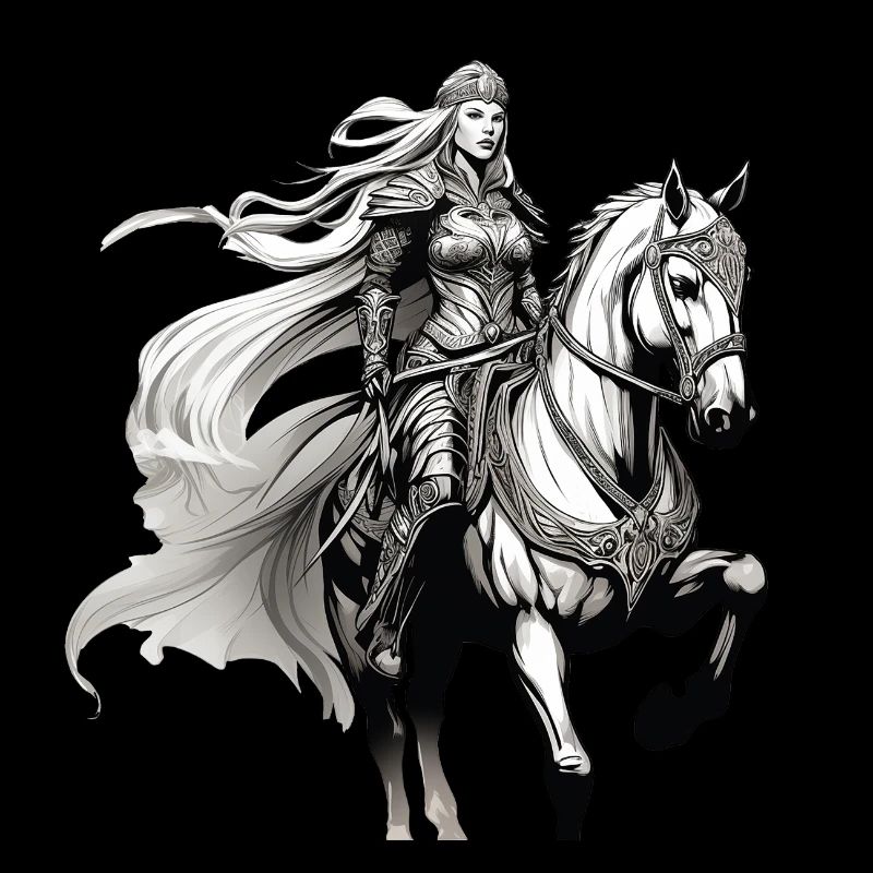 Proud Valkyrie Brunhilde rides a horse