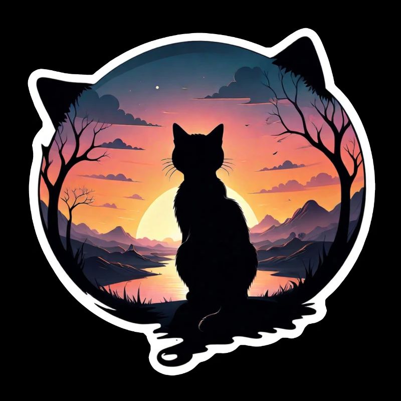 chat paysage et coucher de soleil
