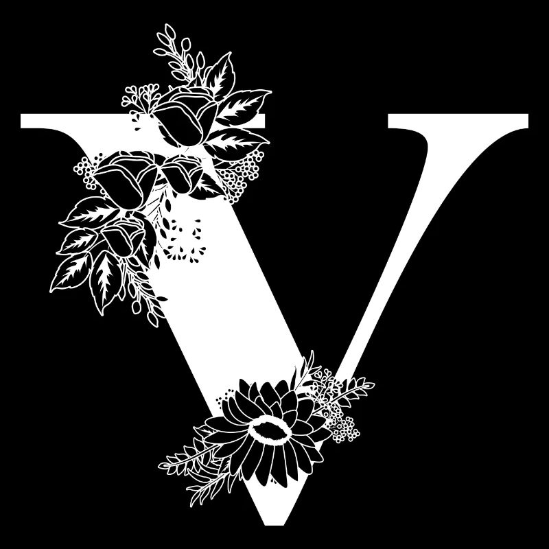 Blumenbuchstabe v schwarz-weiß