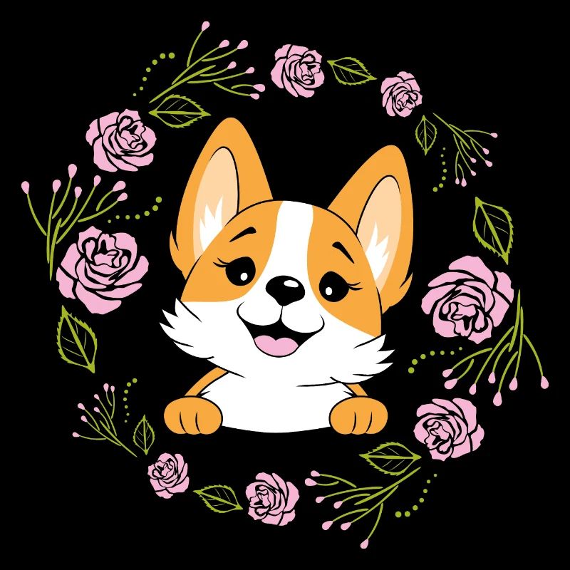Jeter un coup d’œil heureux chien Corgi dans une couronne de fleurs
