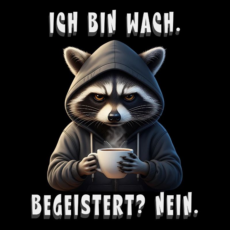 Müder Waschbär mit Kaffee – Ich bin wach, nein