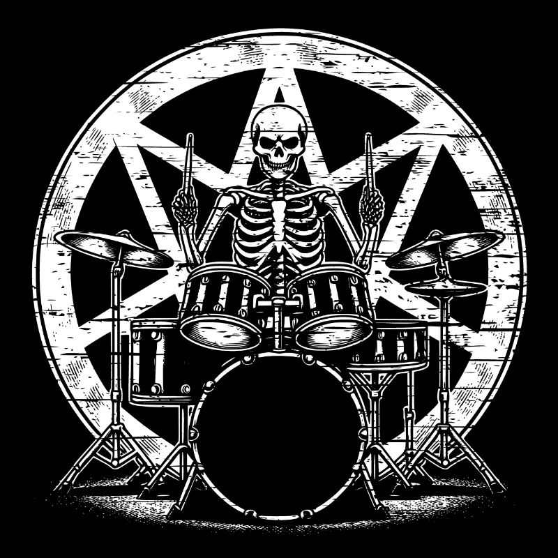 Drummer Skull skeleton on the drum set