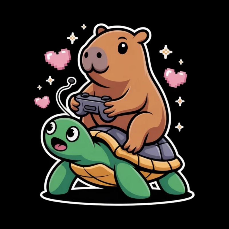 Gamer duo capybara on turtle