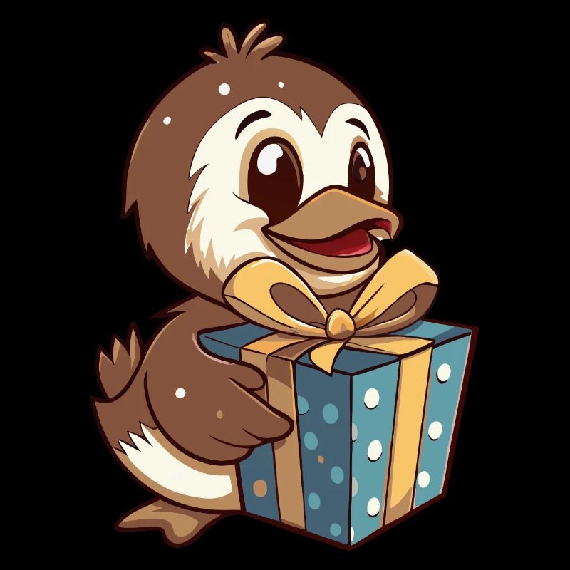 Niedliche Ente packt Geschenk aus