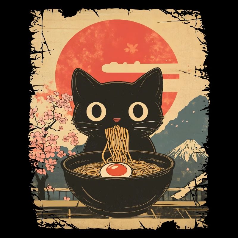 Cat Eats Ramen - vintage style