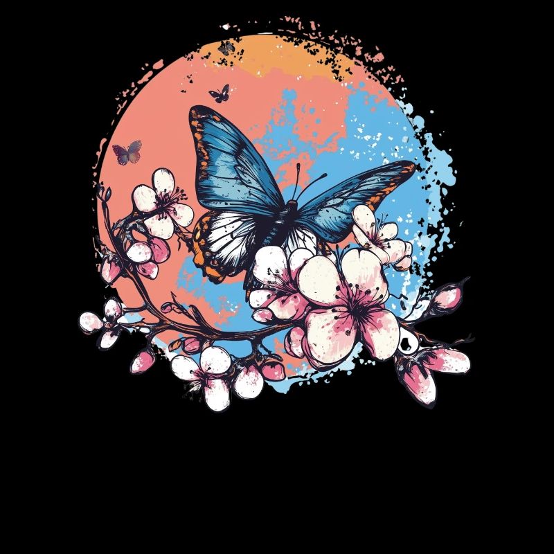 Papillon bleu sur branche de fleur – Artiste