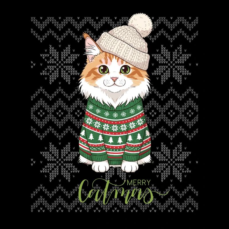 Katzenweihnachten im grünen und beigefarbenen Pullover