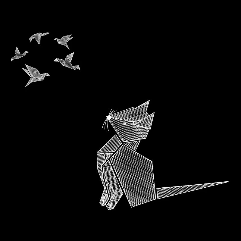 Chat en origami avec oiseaux blancs