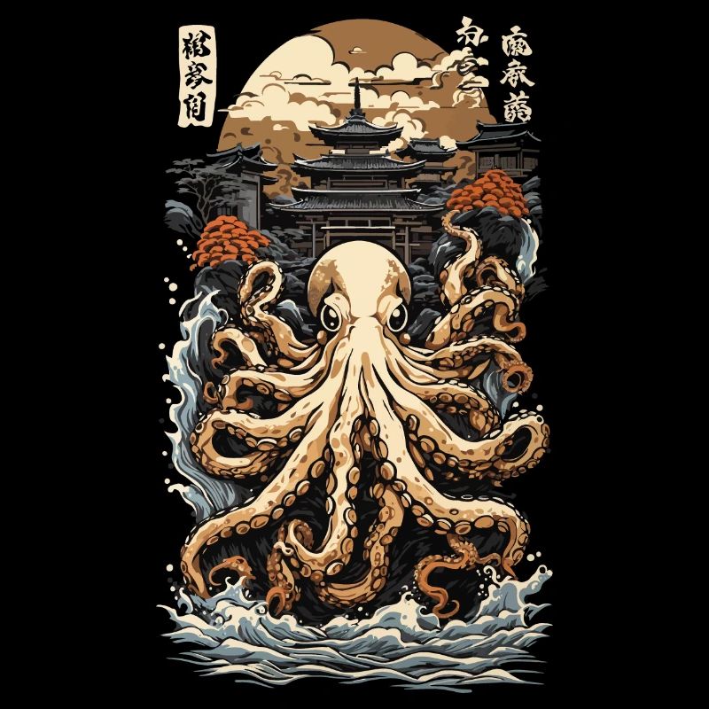 Ukiyo-E Octopus Sea Wave Japan Retro Design Style