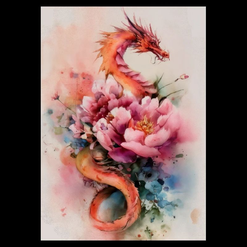 Dragon Aquarelle et Fleurs