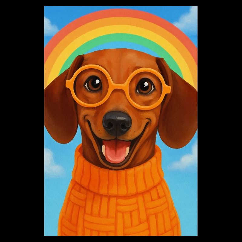 Glücklicher Hund mit Brille und Regenbogen
