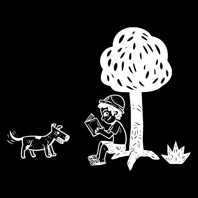 Junge liest unter Baum Holzschnitt