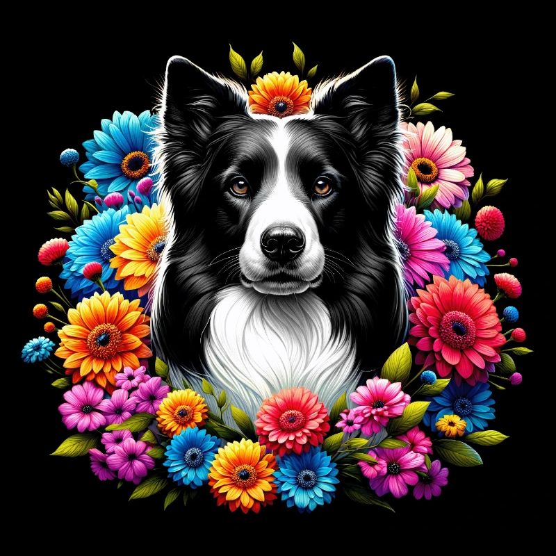 Border Collie mit bunten Blumen