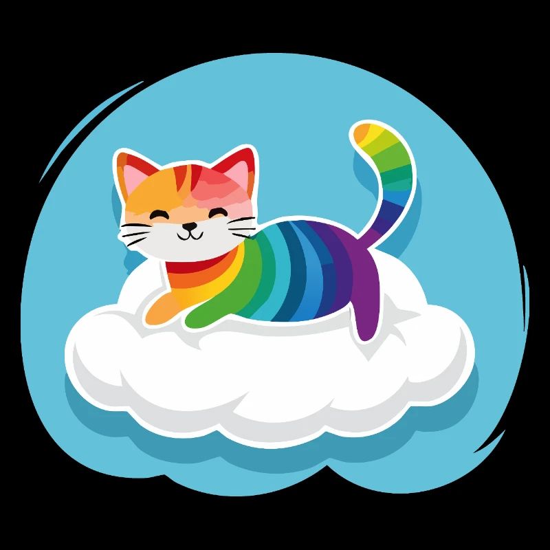 Kunterbunte Katze schwebt auf Wolke (Tag)