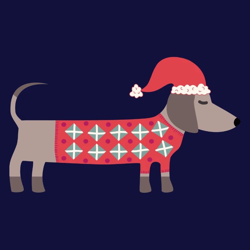 Chien teckel de Noël avec un chapeau de Père Noël et un pull