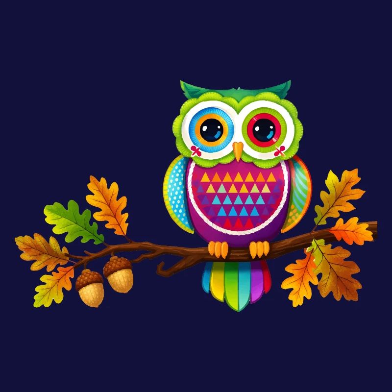 Bunte Eule auf Ast mit Herbstblättern