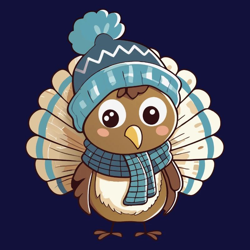 Dinde mignonne avec écharpe et chapeau à pompon.