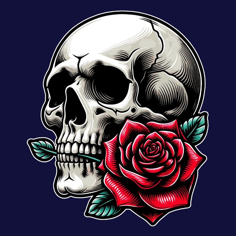 Skull with rose between the teeth