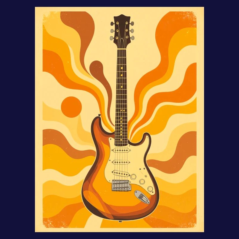 Psychedelische Retro-Gitarre mit lebendigen Siebzigern