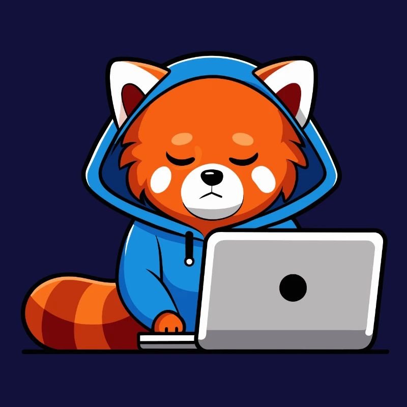 Mignon hacker panda roux en sweat à capuche devant PC