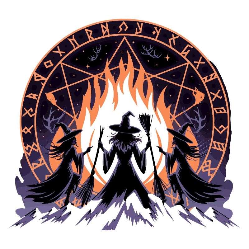 Three witches performing ritual by the fire in front of magic