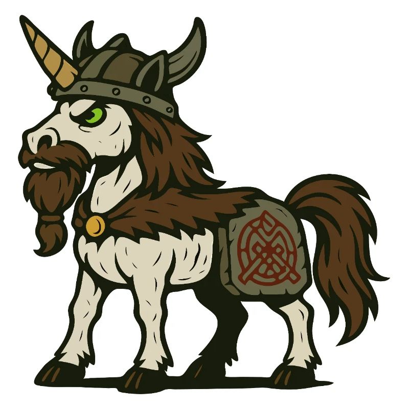 Wikinger-Krieger-Einhorn mit Bart und nordischem Zeichen