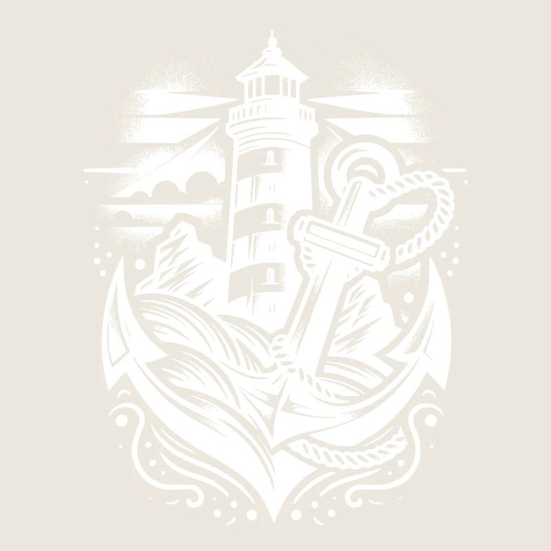Glowing lighthouse on the coast with anchor