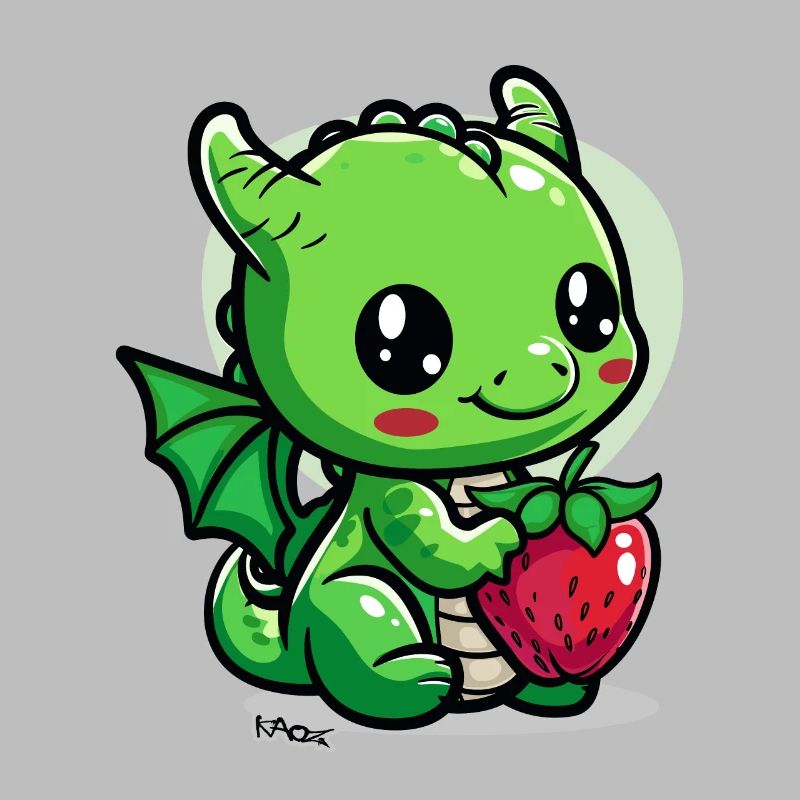 Ein kleiner süßer Drache mit einer Erdbeere