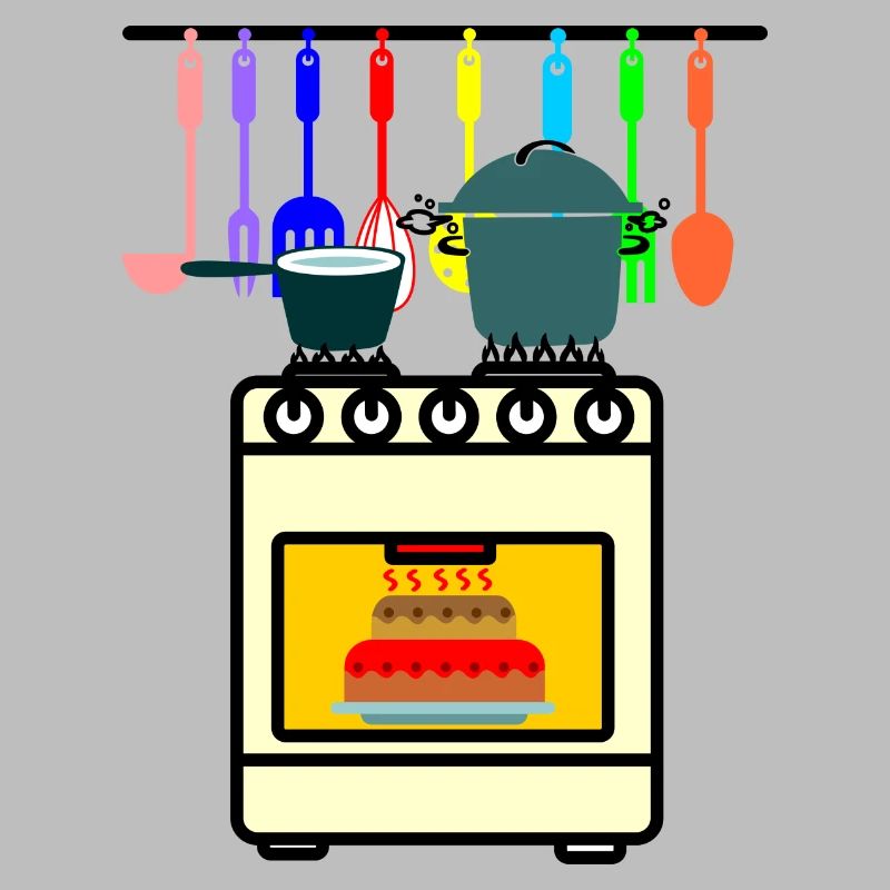 Kitchen utensils with oven pans on fire and cake