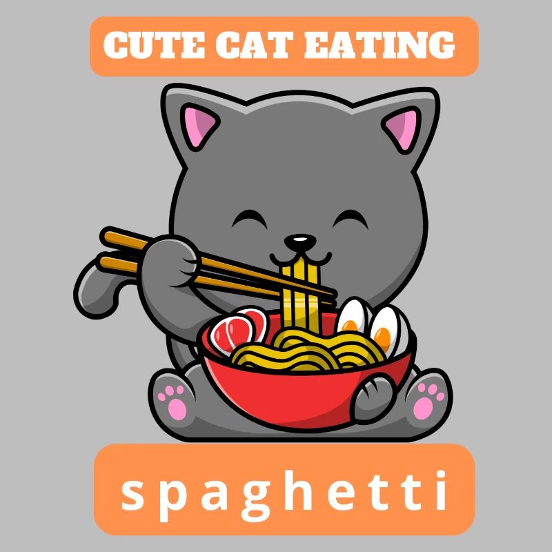 Funny cat eats spaghetti